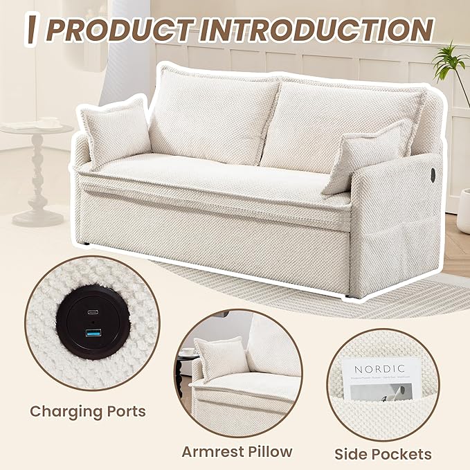 Furnimart 59.5" Queen Size Pull Out Sofa Bed, 3 in 1 Convertible Sleeper Bed with USB/C-Type Charging Ports & Side Pockets, Modern Futon Couch for Living Room, Apartment, RV, Corduroy White