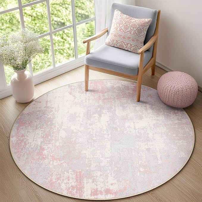 Washable Area Rugs 8ft Non-Slip Modern Abstract Soft for Living Room Entryway Bedroom Nursery, Print Pattern, Grey Pink