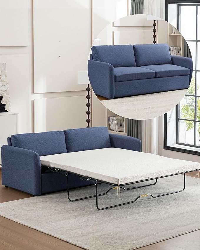 Queen Pull Out Sofa Bed, 2-in-1 Convertible Sleeper Sofa Couch with Memory Foam Mattress – Space-Saving Sofa Bed Queen for Living Room & Guest Room, Navy Blue