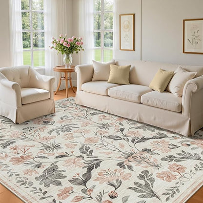 8x10 Area Rugs Washable Rug: Lagre Boho Living Room Rug Soft Non-Slip Thin Carpet Indoor Floor Non-Shedding Neutral Floral Carpets for Bedroom Dining Room Farmhouse Nursery Pink
