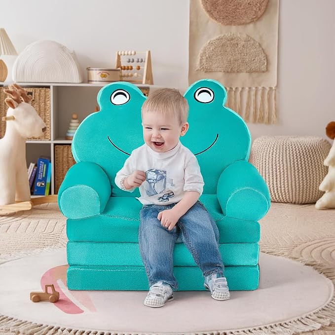 Kids Sofa Comfy, Adorable Animal Toddler Chair, Foldable Kids Couch with Removable Washable Cover, Soft & Breathable Fabric, No Assembly Needed, Foldable Baby Sofa(Green Frog)