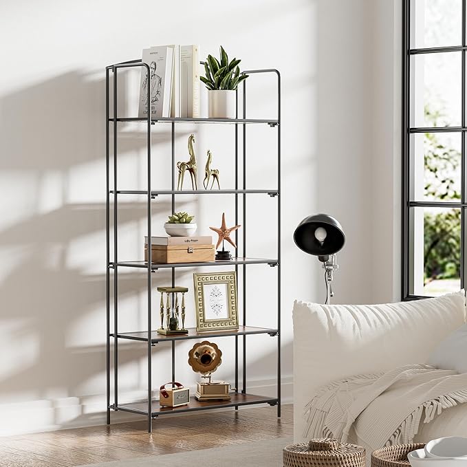 Crofy No Assembly Folding Bookshelf for Living Room, 5 Tier Black Collapsible Book Shelf for Home Office, Portable Bookcase Storage Organizer