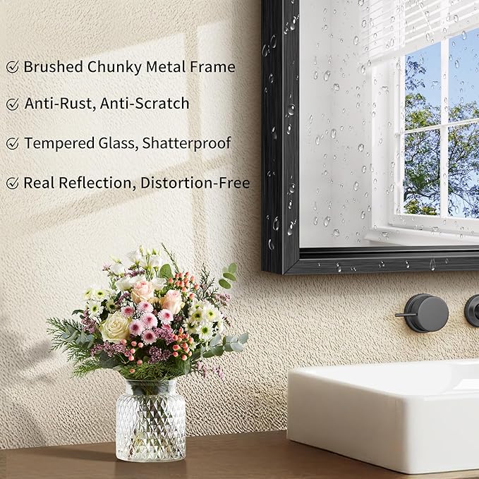 CIRCUMI 24"x30" Black Mirror with Chunky Box Metal Frame, Brushed Finish Rectangular Bathroom Mirrors for Over Sink, Living Room, Entryway, Tempered Glass Mirror for Wall, Vertical or Horizontal