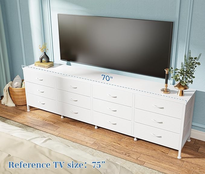 Huuger 70 Inch Dresser for Bedroom, TV Stand for 65, 75, 80 Inch TV, 12 Fabric Drawer Long Dresser, Large Storage Organizer Unit, Wide Chest of Drawer with Storage, for Living Room, White