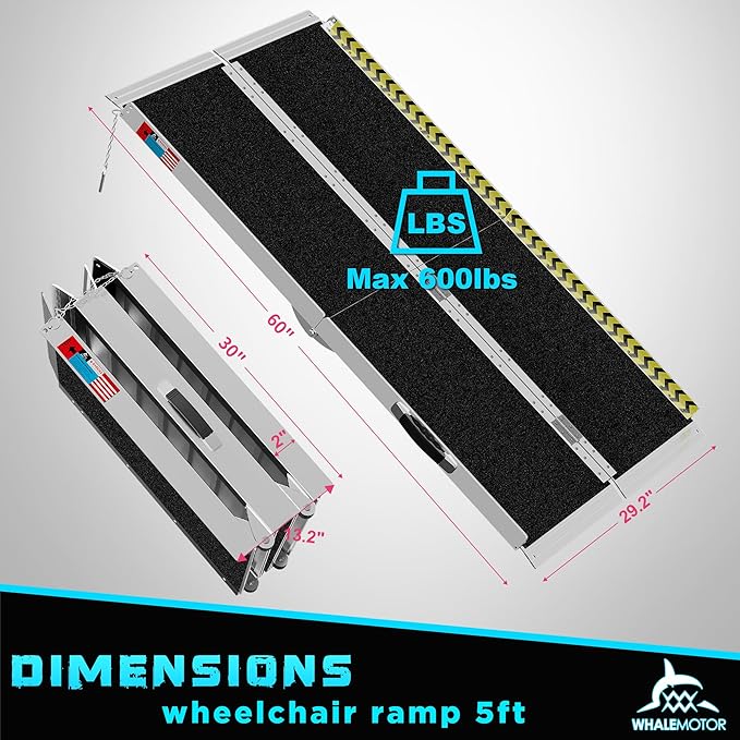 Portable Wheelchair Ramp 5FT, Anti-Slip Aluminum Folding Portable Ramp, Wheelchair Ramps for Home, Weight Capacity Up to 800 LBS, with Transition Plates Above and Below, Loading Dock Plates