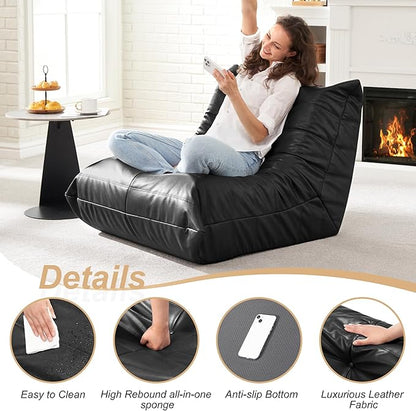 Hobestluk Giant Bean Bag Chair Lazy Floor Sofa, Memory Foam Fireside Sofa for Adults, Big Beanbag Faux Leather Armless Chair for Living Room Bedroom Dorm Office (Black, Single)