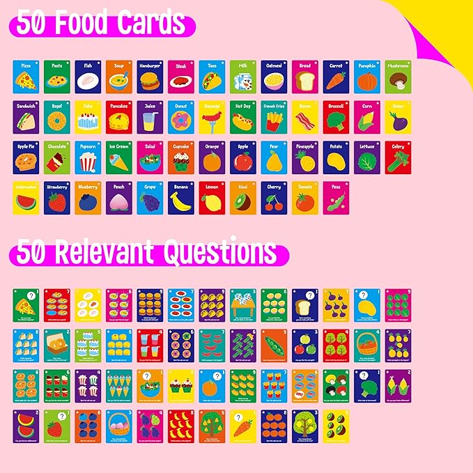 Food Flashcards, 50 Double-Sided Cards, Veggies, Fruits, Snacks, Desserts, Grain Cards Educational Learning Tools for Preschool and Toddlers Learning (2 Reclosable Rings Attached)
