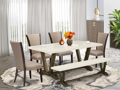 East West Furniture V727VE703-6 6 Piece Dining Room Table Set Contains a Rectangle Kitchen Table with V-Legs and 4 Brown Linen Fabric Parson Chairs with a Bench, 40x72 Inch, Multi-Color