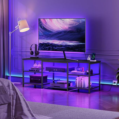 HOOBRO LED TV Stand for 65 Inch TVs with Charging Station, Gaming Entertainment Center with 3-Tier Open Storage, Long Media TV Console Table, TV Stand for Living Room, Bedroom, Black BB20UDDS01