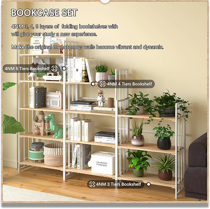 4NM No Assembly 4 Tiers Folding Bookshelf, 47.2" H Foldable Storage Shelves Vintage Bookcase Standing Racks Study Organizer Home Office - Natural White