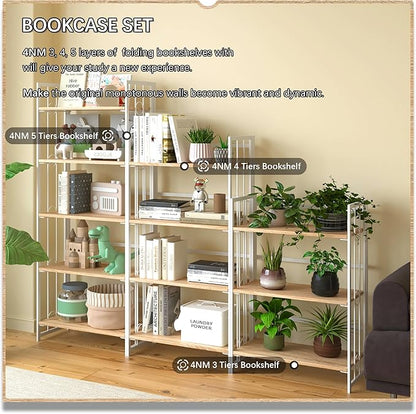 4NM No Assembly 4 Tiers Folding Bookshelf, 47.2" H Foldable Storage Shelves Vintage Bookcase Standing Racks Study Organizer Home Office - Natural White