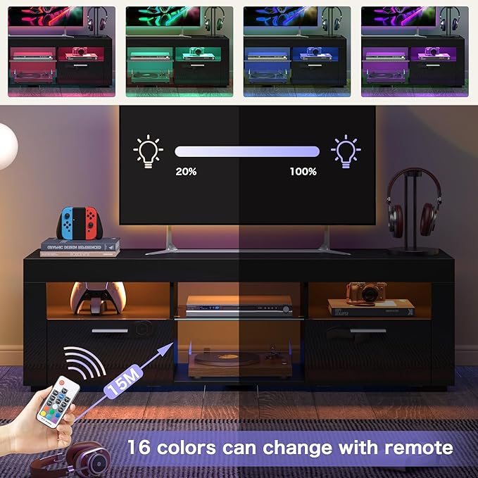 55" TV Stand for Living Room, High-Gloss Entertainment Center for 55 Inch TV, Spacious Storage Cabinet for Living Room & Bedroom (Black)