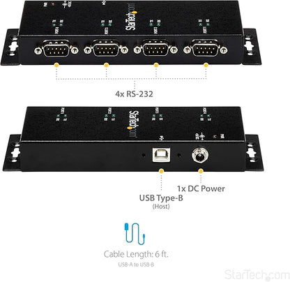 StarTech 4 Port USB to Serial RS232 Adapter - Wall Mount - Din Rail - COM Port Retention - FTDI USB to DB9 RS232 Hub, TAA (ICUSB2324I)