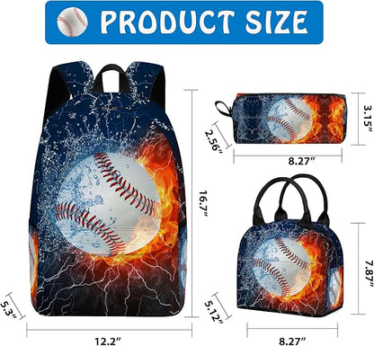 3PCS Backpack for Boys Girls, Kids Baseball Back to School Backpack Sets with Lunch Bag Pencil Case, 17 Inch Lightweight Bookpack 3 in 1 Set for Teens Elementary Middle High School Students