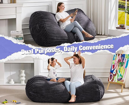 Hobestluk 5FT Bean Bag Chairs Adult Bean Bag with Portable Handle Comfy Large Bean Bag Lounge Chair with Removable Cover for Living Room Bedroom (Stripe Dark Grey, 5FT)
