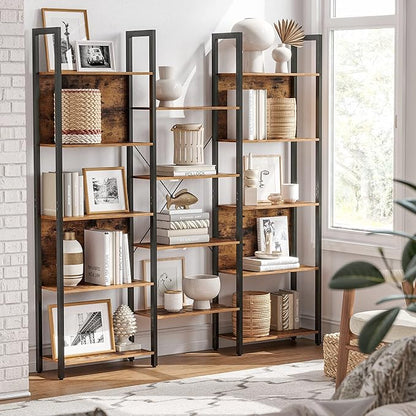 VASAGLE 5-Tier Bookcase with 14 Shelves, Book Shelf with Metal Frame, Bookshelf for Living Room, Home Office, Industrial Style, 9.4 x 62.2 x 65.4 Inches, Rustic Brown and Black ULLS107B01