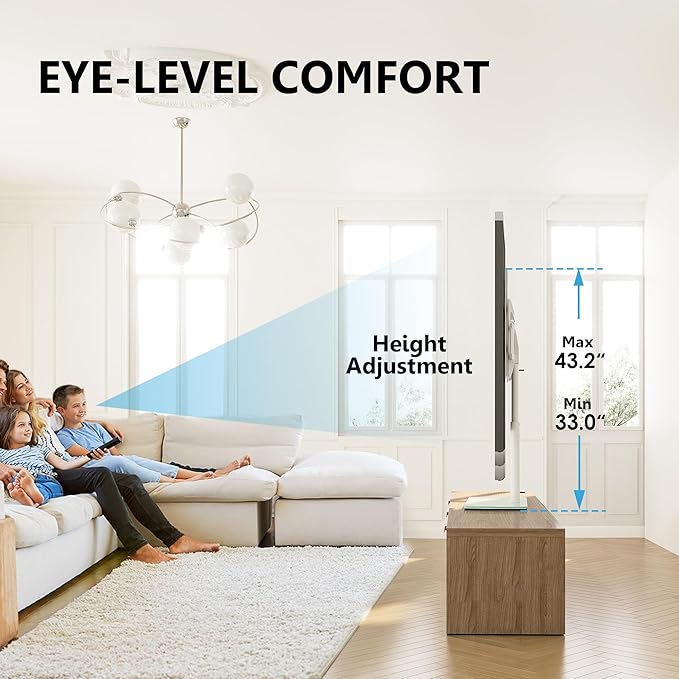 FITUEYES Universal TV Stand, Swivel TV Table Stand for 43 50-65 70 75 80 85Inch Flat Screen, Table Top TV Stand Base Replacement, Height Adjustable TV Mount Stand, Glass Base, Max Holds 110lbs