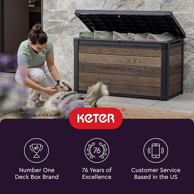 Keter Walnut 100 Gallon Resin Deck Box-Organization and Storage for Patio Furniture Outdoor Cushions, Throw Pillows, Garden Tools and Pool Toys