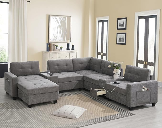 Merax 6 Seater Chenille Sectional Couches with 2 Acrylic Table Top Consoles, Upholstered Modular Tufted Sofa Chaise with Ottoman, Storage Drawers, Pockets, USB Charger & Cup Holders for Living Room