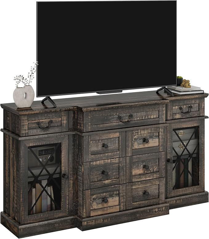 YITAHOME Television Stand for 65/55 Inch TV, Farmhouse TV Stand with 9 Drawers, Adjustable Shelves and Tempered Glass Doors, Entertainment Center TV Media Console for Living Room, Dark Rustic Oak