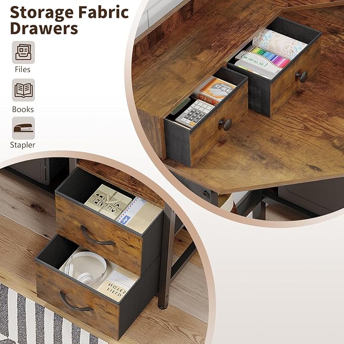 Corner Desk with 6 Fabric Drawers Shelves for Small Space Computer Desk with Power Outlets,Gaming Desk with Printer Monitor Stand Storage for Home Office Workstation Writing Table Brown