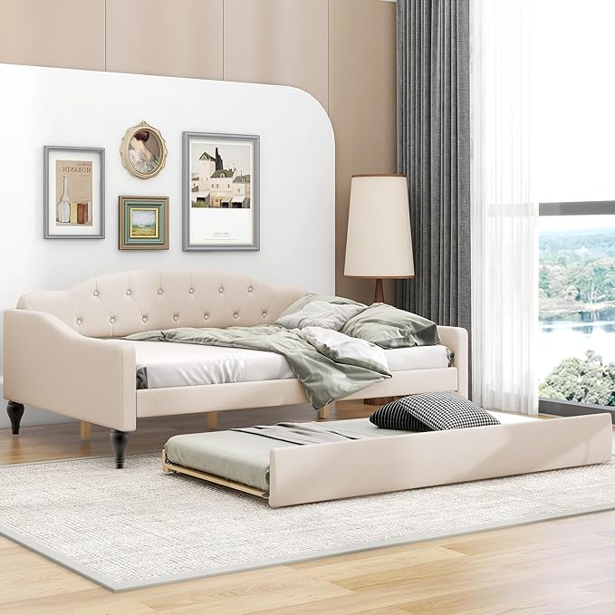 Full Size Linen Upholstered Tufted Daybed with Twin Size Trundle,Sofa Bed,No Box Spring Needed, Furniture for Bedroom Living Room Guest Room,Beige