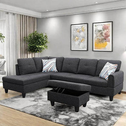 Convertible Sectional Couch, Large L Shaped Couch with Storage, Modern Modular 5-Seat Sectional Sofa with Ottomans for Living Room and Office, Black Grey