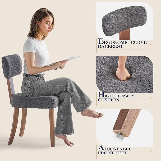 Farmhouse Chair Set of 4, Mid Century Modern Dining Chairs, Sherpa Upholstered Kitchen Chairs with Curved Backrest & Adjustable Legs for Living Room/Bedroom, Easy to Install, Grey Sherpa