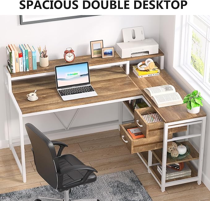 Tribesigns L Shaped Desk with Drawers and Monitor Stand, L Corner Desk with Storage Shelves, Beige Wooden PC Table for Samll Home Office