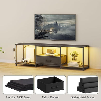 TV Stand with LED Lights, Entertainment Center with Open Shelves and Fabric Drawer, Media Console for 80 Inch TV, Television Stands for Living Room, Bedroom, Black