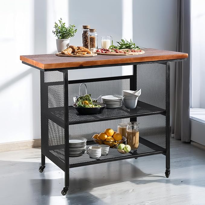 Rustic 3-Tiered Serving Cart with Casters Vintage Rolling Bar Cart for Kitchen Living Room Industrial Mobile Barbecue Cart for Outdoor&Indoor 47.2 * 19.7 * 36.6in L*W*H