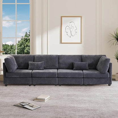 126" Convertible L-Shaped Modular Sectional Sofa, 4 Seater Corduroy Upholstered Corner Sofa Couch with Extra Wide Deep Seat, DIY Combination Lounger Sofa with Solid Wood Legs for Living Room Office