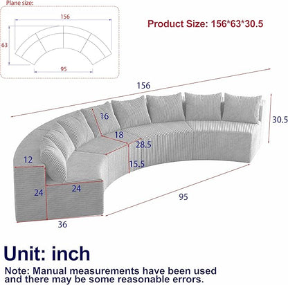 KEIKI Corduroy Curved Sectional Sofa, 4 Seater Symmetrical Modular Semi Circular Couch, Deep Seat Tufted Corner Sofa for Living Room, Lobby, Gray