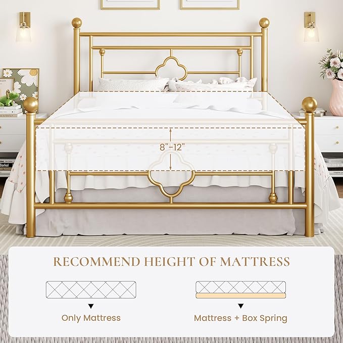 SHA CERLIN 14 Inches Full Size Metal Platform Bed Frame/Vintage Iron-Art Headboard and Footboard/Mattress Foundation for Storage/No Box Spring Needed/Noise-Free/Easy Assembly/Gold
