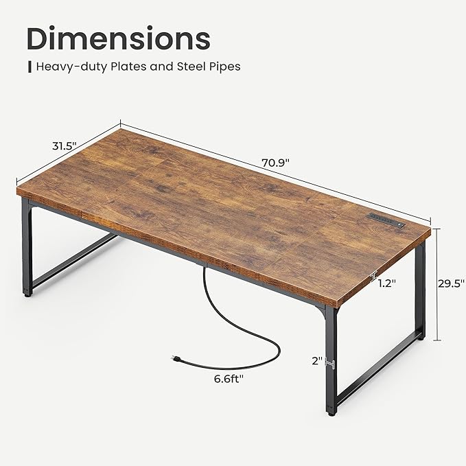 Huuger 71 x 31.5 Inch Desk with Power Outlets & USB-C, 1.2 Inch Thicker Desktop, Robust Metal Tubes, Deep Computer Desk, Heavy Duty Office Desk, Work Desk for Home Office, Rustic Brown