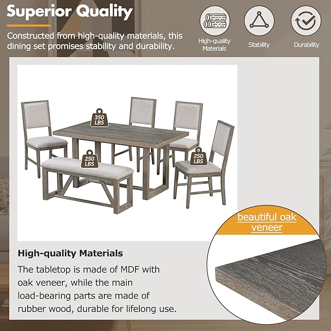 Merax Farmhouse Wooden Dining Set of 6, 59.6 inch Kitchen Table with Trestle Base, 4 Upholstered Chairs and 1 Bench, Easy Assemble Gray