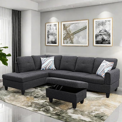 Convertible Sectional Couch, Large L Shaped Couch with Storage, Modern Modular 5-Seat Sectional Sofa with Ottomans for Living Room and Office, Black Grey