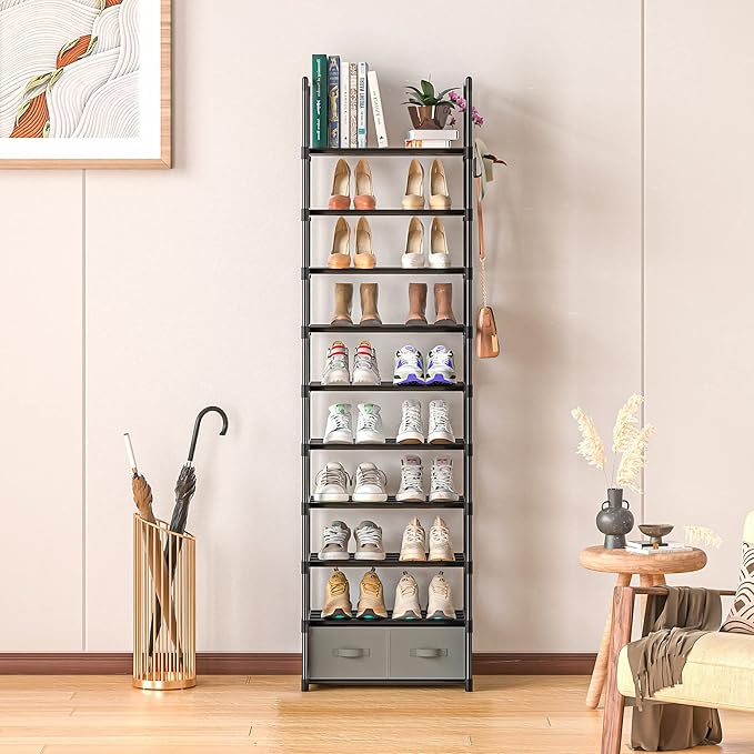 Tall Shoe Rack Narrow 10 Tier Shoes Rack 20 25 Pairs, Shoe Storage Organizer for Closet, Sturdy Metal Shoe Shelf Shoe Stand with 2 Boxes 1 Hook