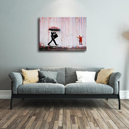 Wieco Art Banksy Raining Day or Colorful Graffiti Street Famous Canvas Prints Wall Art Modern Inspirational Grey Love Pictures Print Artwork for Kitchen Home Office Decor