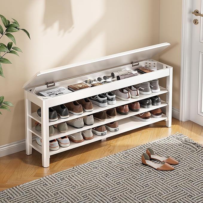 Shoe Rack Bench Seat Rubberwood 3-Tier Wooden Storage Bench 550lbs Compact Mid-Century Modern Design for Entryway, Hallway, Closet, Front Door Entrance, Foyer