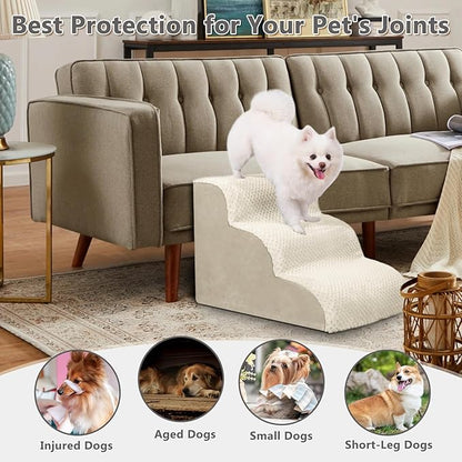 MIHIKK Dog Stairs Ramp, Curved 3-Step Dog Steps for Small Dogs and Cats, Pet Stairs for High Beds and Couch with Anti-Slip Washable Cover and Durable High Density Foam, Beige
