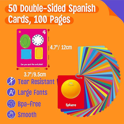 Color & Shape Flashcards, 50 Double-Sided Cards (30 Colors & 20 Shapes) Colorful Cards Educational Learning Tools for Preschool and Toddlers (3 Reclosable Rings Attached)