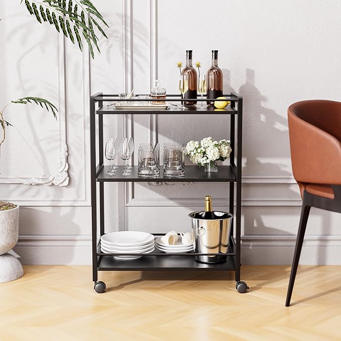 HITNET Bar Cart Black, Serving Cart for Home, 3 Tier Drinks Cart with Wheels, Rolling Beverage Cart for Kitchen Dining Living Room