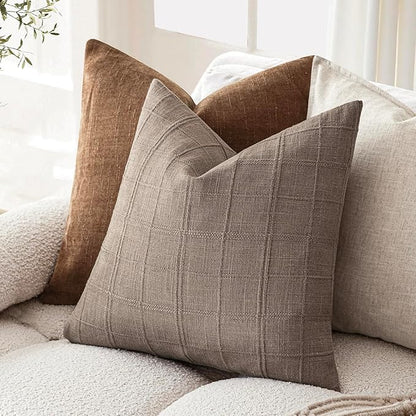 Foindtower Set of 2 Decorative Linen Check Throw Pillow Covers Neutral Farmhouse Vintage Cushion Covers Modern Boho Home Decor for Sofa Chair Couch Bedroom Living Room Outdoor,18×18 Inch,Tan Taupe