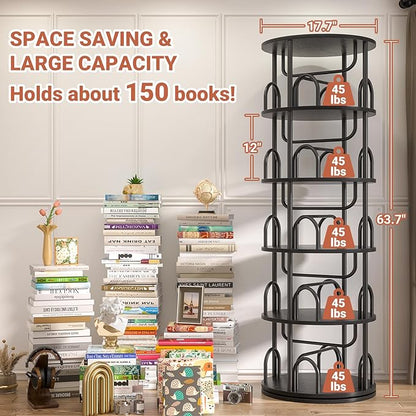 Aheaplus 5 Tier Rotating Bookshelf Tower, 360 Display Spinning Bookcase, Revolving Round Book Shelf Narrow Swivel Bookshelf, Vertical Turning Spiral Corner Book Organizer for Small Space, Black