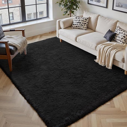 5x8 Area Rug for Living Room, Modern Black Super Shag Shaggy Soft Washable Indoor Fuzzy Carpet Non-Slip Fluffy Rugs for Bedroom Home Aesthetic Decor
