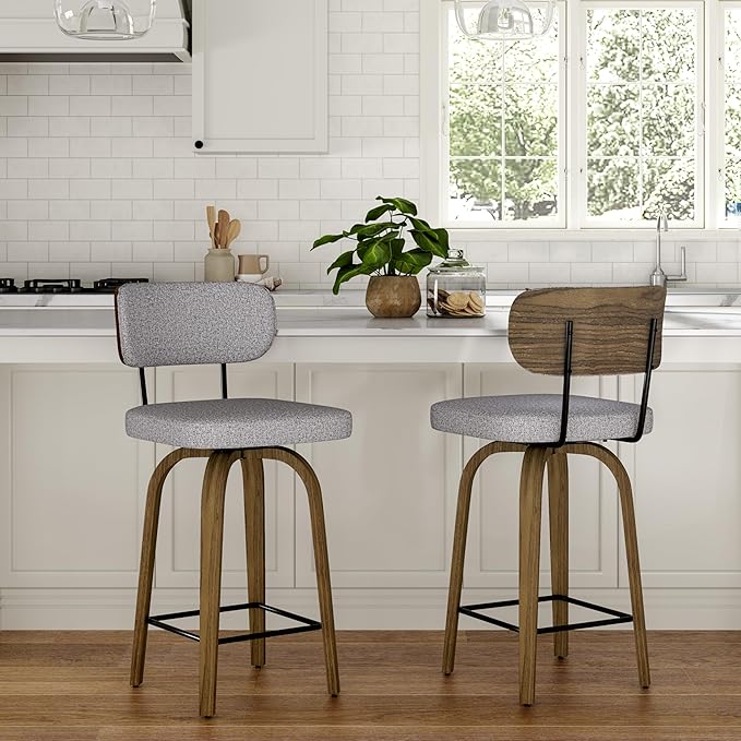 Swivel Counter Height Bar Stools with Back Set of 2, 26" Fabric Upholstered Kitchen Bar Stools with Wood Legs and Metal Footrest for Kitchen Island (Grey Fabric)