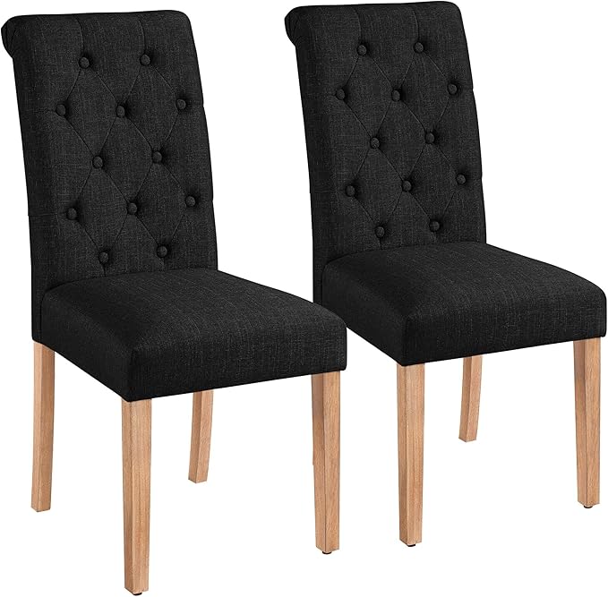 Yaheetech Dining Chairs Set of 2 Fabric Upholstered Dining Room Chairs with Button Tufted High Back and Solid Wood Legs for Kitchen/Living Room/Restaurant, Modern Style, Black
