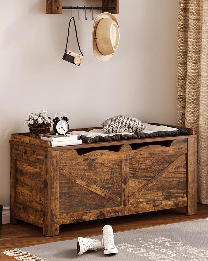39.4" Storage Chest, Extra Large Storage Trunk with 2 Safety Hinges, Wooden Box Bench, Lift-Top Organizer Chest, Shoe Bench for Entryway, Bedroom, Living Room, Rustic Brown SB04501X