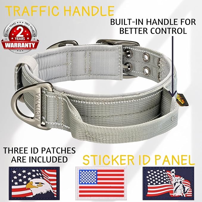 ADITYNA Heavy Duty Dog Collar for Medium Dogs - Reflective Gray Collar with Handle for Training, and Walking - Wide, Thick, Tactical, Soft Neoprene Padded